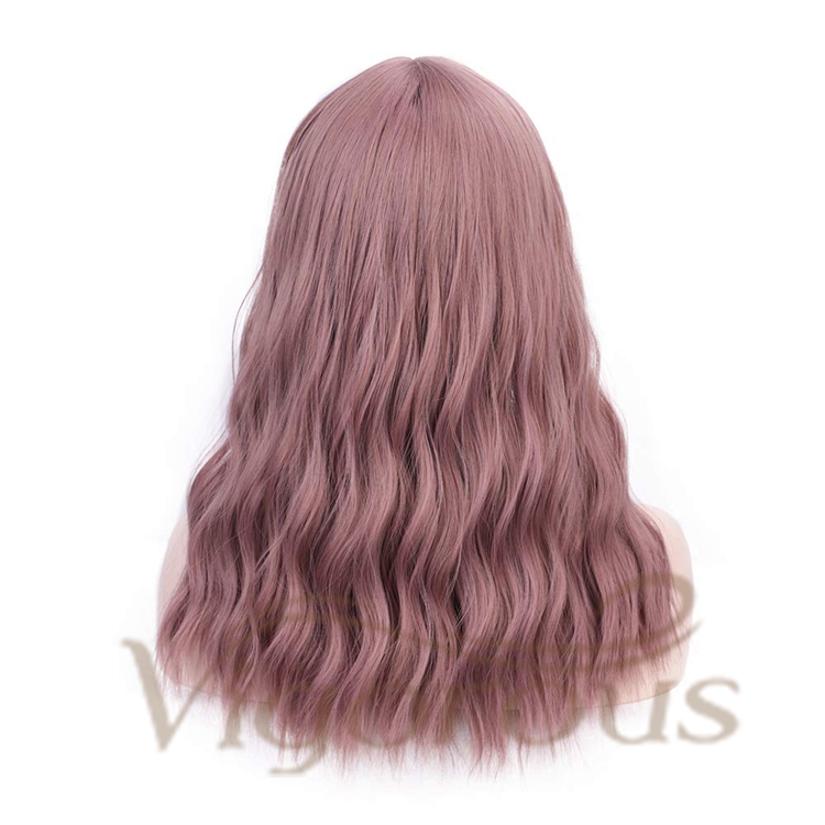 Vigorous Hot Selling Cheap Price Long Body Wave With Neat Bangs Pink High Temperature Fiber For Black Women Synthetic Hair Wigs