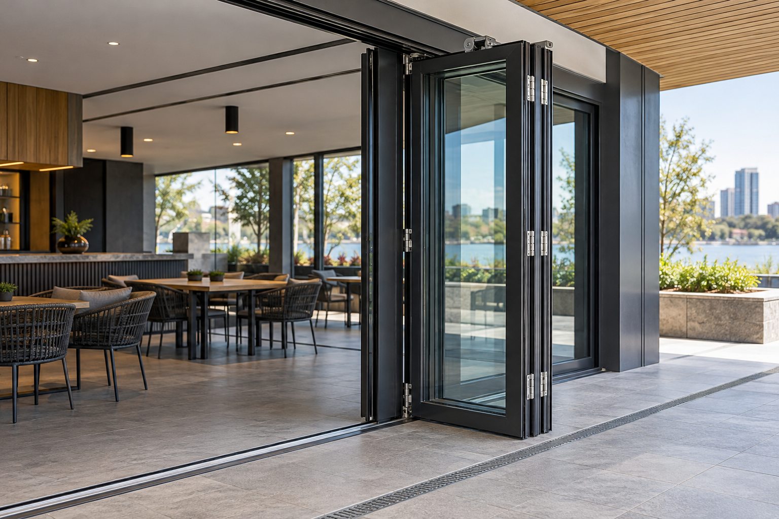 Generic folding-door hinges, head track and sill for technical planning Illustrative commercial bifold panel stack beside a drained exterior terrace threshold
