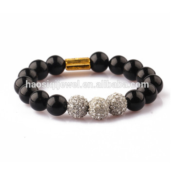 Custom engrave logo beaded bracelet black agate stretch bracelet with pave balls for men and women