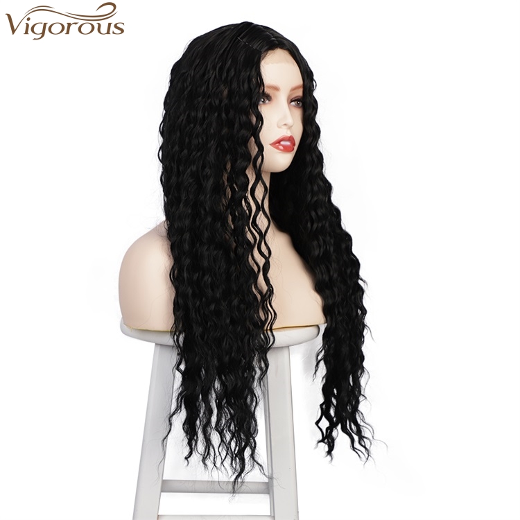 Vigorous Cheap Kinky Curly Wigs Long Synthetic Wigs For Women Middle Part Natual Black Wigs Heat Resistant Fiber Wholesale Price