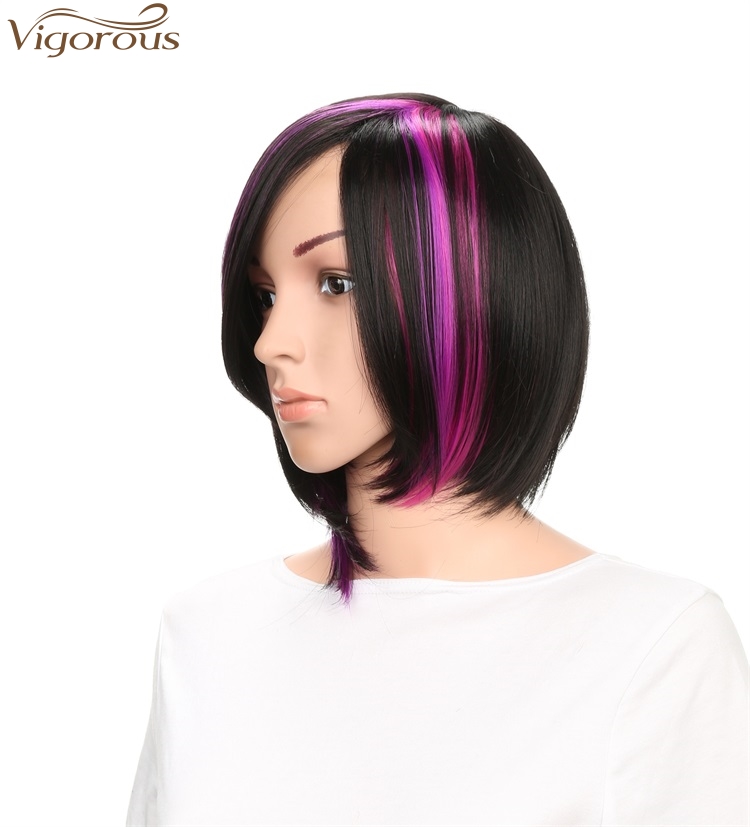 Vigorous Black Mix Purple Silky Straight Wigs With Part Side Bangs For Women Synthetic Fiber Heat Resistant Glueless Hair Wigs