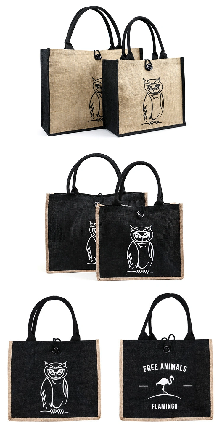 High-Quality Custom Animal Owl Silkscreen Embroidery Printing Eco-Friendly Jute Grocery Shopping Bags Recycled Burlap Tote Bag for Beach
