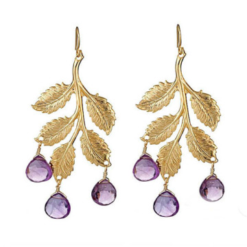 Gold leaf earring designs with amethyst