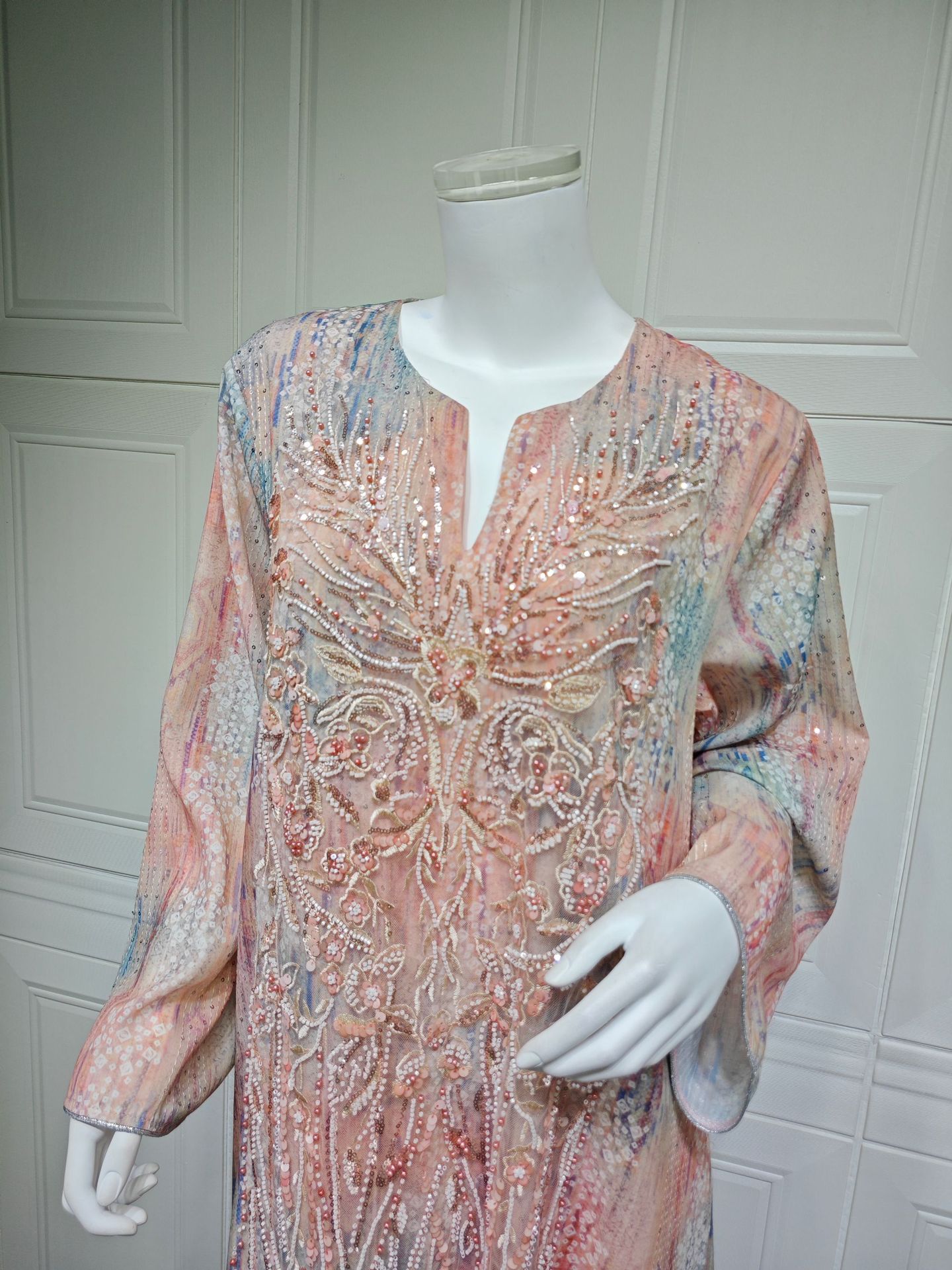 لباس مهره دار پولک دار لوکس Abaya Jalabiya AB560 (4) Luxury Sequined Beaded Abaya Jalabiya Dress AB560 (4)