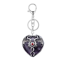 Amethyst Heart Antique Silver Double Dragon Stone Pendant (32x42mm) Keychain