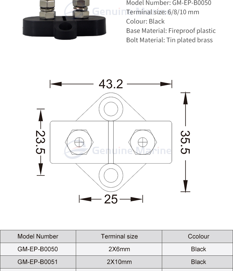 Genuine Marine Boat Car RV 6mm/8mm/10mm Double Neutral Marine Terminal Bus Bar Insulated Stud