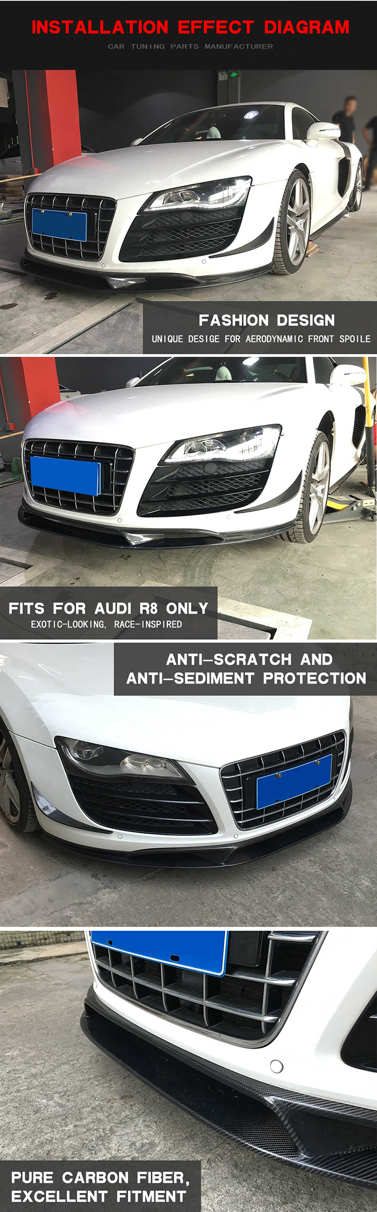 Carbon Fiber R8 Front Bumper Lip Skirt for Audi R8 V8 V10 GT Spyder Convertible 08-15