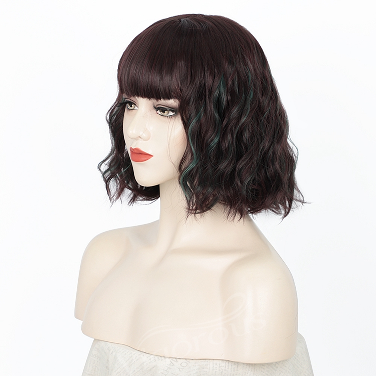 Highlight Color Bob Wavy Curly Wig Synthetic Short Wig with Bangs Natural Looking Heat Resistant Fiber Hair for Women