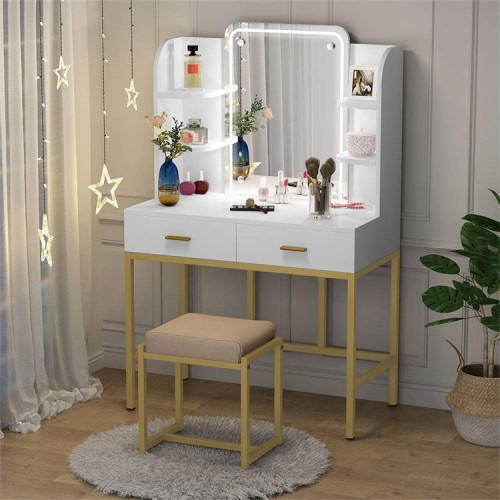 LED Lighted Mirror Vanity Set with Cushioned Stool