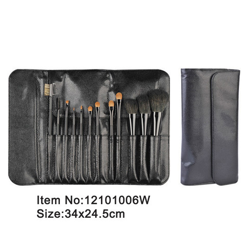 12pcs black plastic handle nylon/animal hair makeup brush kit with crocodile skin PU pouch