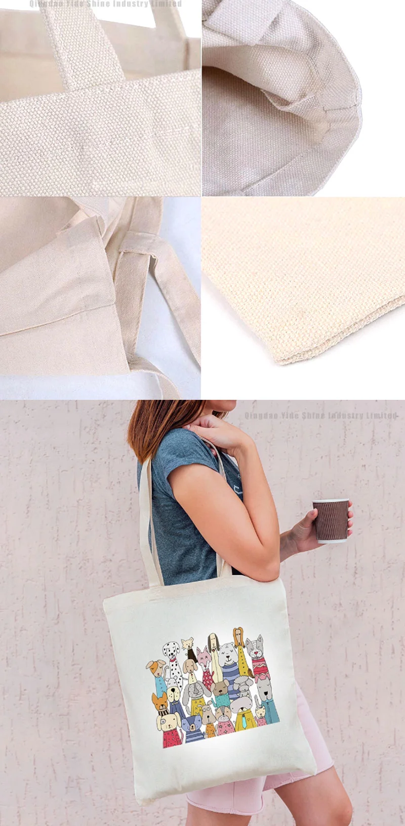 Customer Logo Printed Natural Raw White Canvas Bag and Canvas Cotton Tote Bag with Flat Hanle