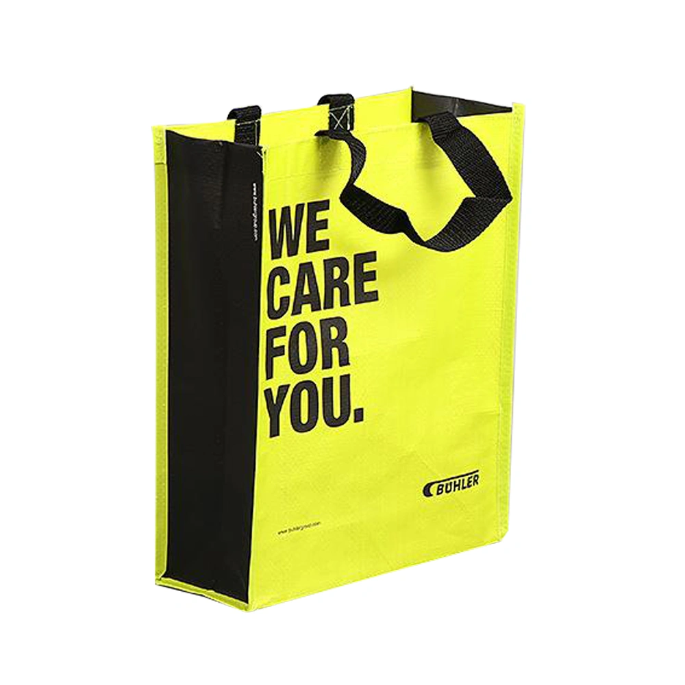 Gots Oeko-Tex 100 Eco-Friendly Long Nylon/Polyester Handle Cmyk Printing Cheap Promotional Shopping Woven Bag with Lamination