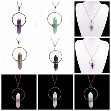 Retro natural crystal hexagonal column Pendant Necklace tiger eye stone winding Necklaces