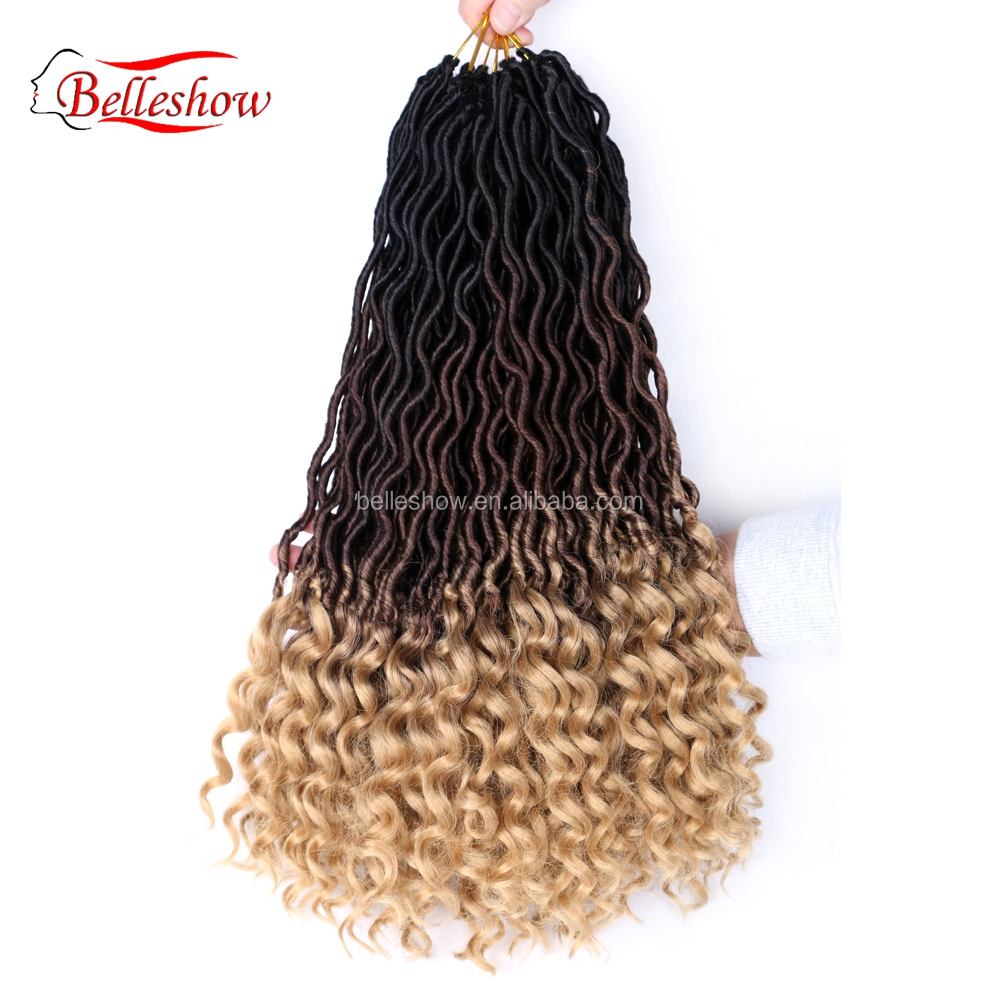 Hot sell wholesale 24 stands ombre color crochet braid hair faux locs with curly ends wavy faux locs crochet goddess faux locs