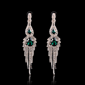 Green Crystal Fashion Dangle Earrings Silver Rhinestone