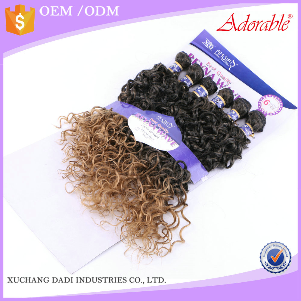 xuchang dadi factory wholesale reyna wave 6pcs synthetic hair weaving,ombre color double weft synthetic hair extensions