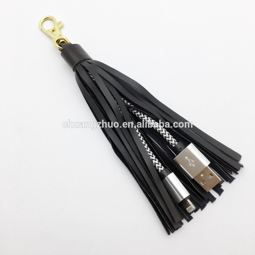 Hot selling and cheap PU leather tassel with USB cable for promotion