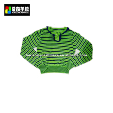 Striped Knit Woolen Sweater, Green Ruffles Round Neck Kids Sweater