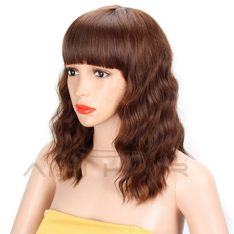 Aisi Hair Wholesale Top Quality Short Bob Brown Wig With Neat Bangs Synthetic Short Curly Wave Wigs For Black Women