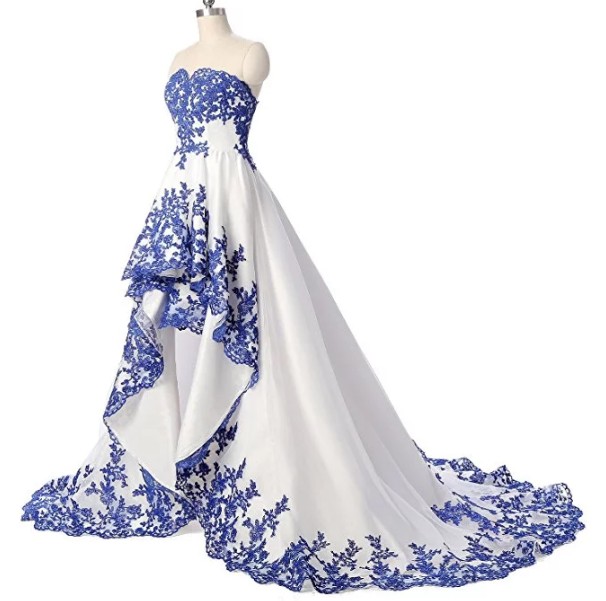 Retro Grown Two Tone Royal Blue and White Short Front Long Tail Wedding Dress