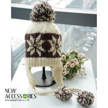 Children snowflake pattern jacquard knitted earflap hats with heather pompoms