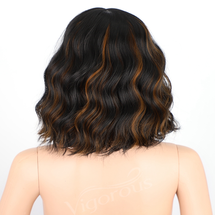 Synthetic Wig With Neat Fringer Short Curly Shoulder Length Highlight Brown Body Wave Bob Hair Heat Resistant Fiber For Women