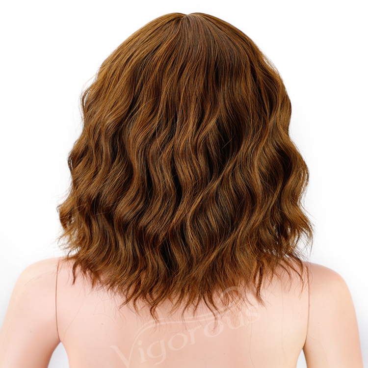 High Quality Wholesale Cheap Price Wavy Bob Wig with Bangs for Women Brown Color Synthetic Heat Resistant Fiber Hair for Women