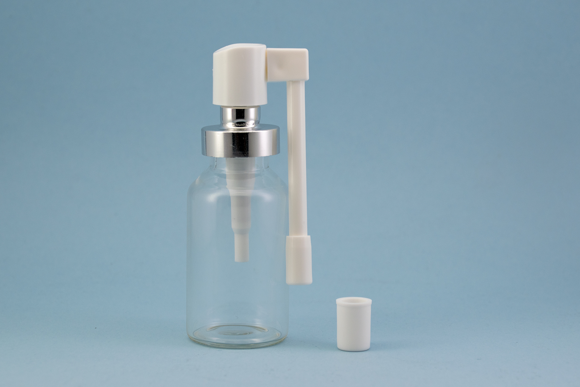 مضخة تجعيد فضية لامعة مقاس 20 مم مع بخاخ فموي طبي بفوهة طويلة 20 mm shiny silver crimp pump with long nozzle medical oral sprayer