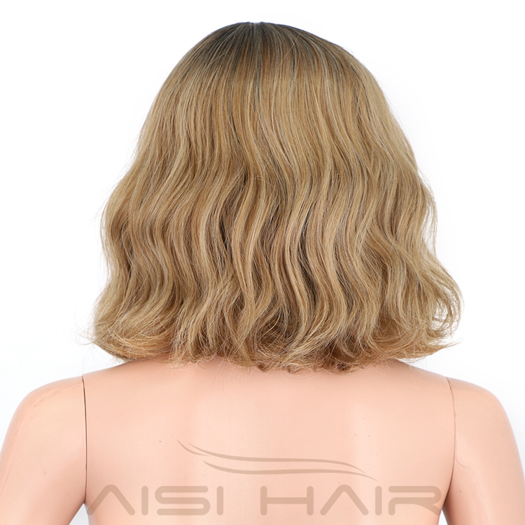 Cosplay Daily Use Wavy Short Bob Neat Bangs Shoulder Length Curly Synthetic Heat Resistant Fiber Ombre Blonde Bob Wig for women