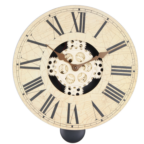 Round Retro Wooden Pendulum Gear Wall Clock