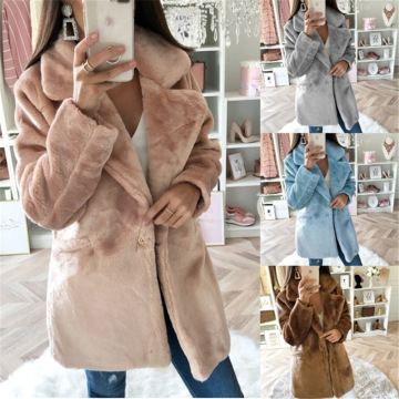 Winter Faux Fur Coat Women Elegant Solid Turn Down Collar Plush Jacket Button Pocket Loose Warm Fake Fur Lady Coat Casual Jacket