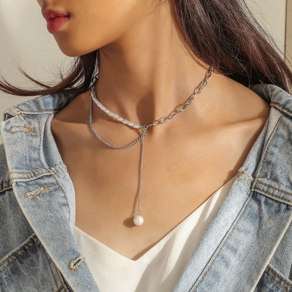 Stainless steel simple double necklace personality short pearl pendant clavicle chain women's accessories