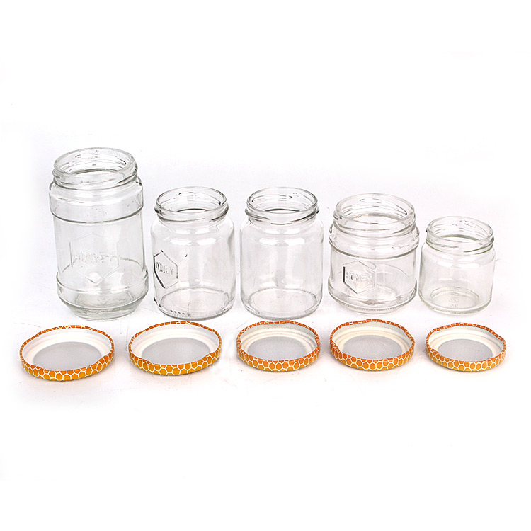 Empty round 585ml food grade glass honey jam chilli sauce storage jar with metal lid