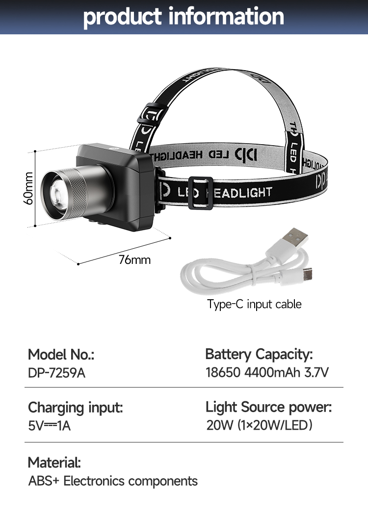 88-7259A-Rechargeable LED Headlamp Headlight Adjustable 18650 Battery-DP 88-7259A-Rechargeable LED Headlamp Headlight Adjustable 18650 Battery-DP