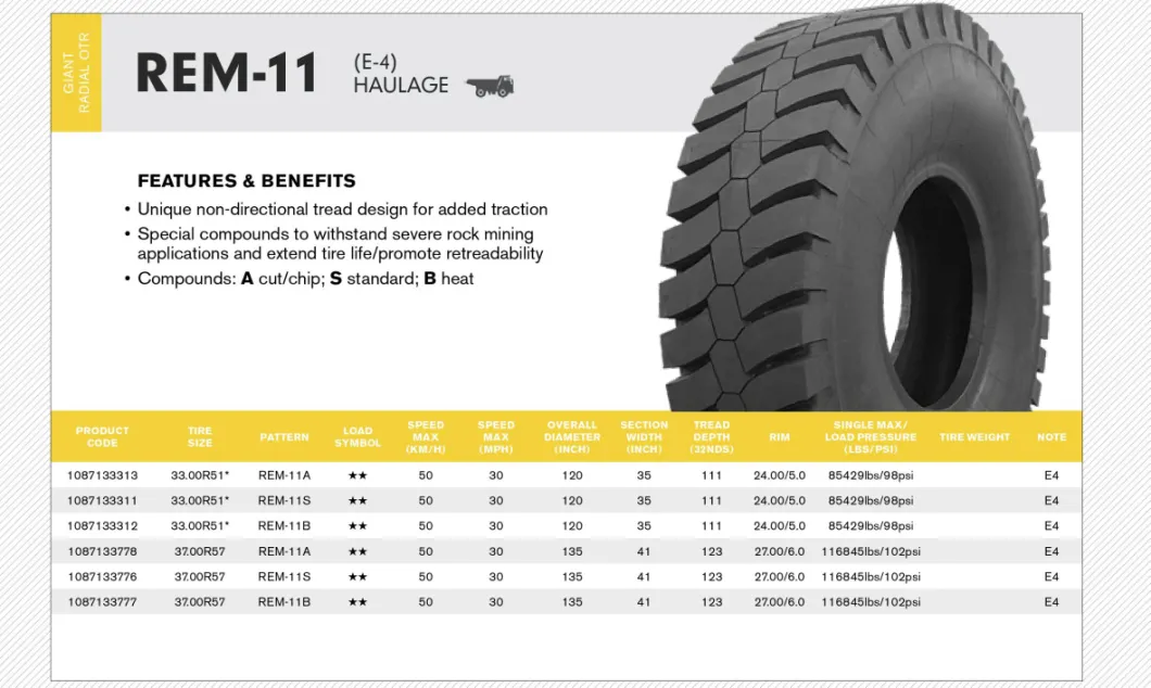 Giant OTR Tyre, E-4, Dump Truck Tyre, Haul Truck Tyre, Double Coin Tyre, 33.00r51, 37.00r57, 40.00r57