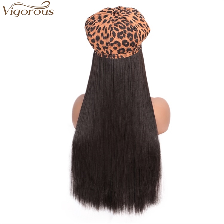 Vigorous Black Synthetic Fiber Wig With Orange Leopard Hat For Women Straight Heat Resistant Glueless Hair Wigs