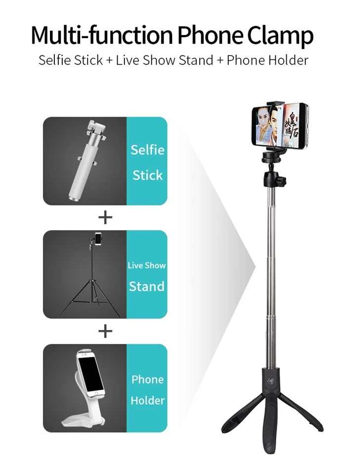 K05 3 in 1 Monopod Bluetooth Selfie Stick Mini Tripod with Rear Mirror for Phone Camera