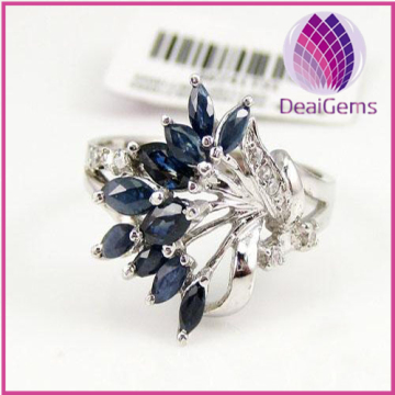 Flower Ring sterling silver and sapphire, ten-2x4mm faceted marquise with eight-rhinestone