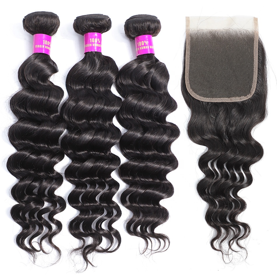 Wholesale 10a Grade Brazilian Human Hair Cuticle Aligned Virgin  Hair Vendor Curly Loose Deep Wave 3 Bundles with Closure