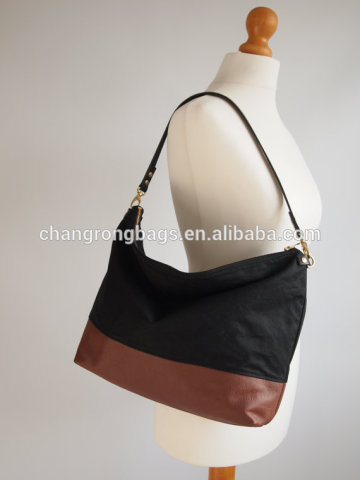 Factory Price Black Canvas Top and Tan Leather Zip Cross Body Purse