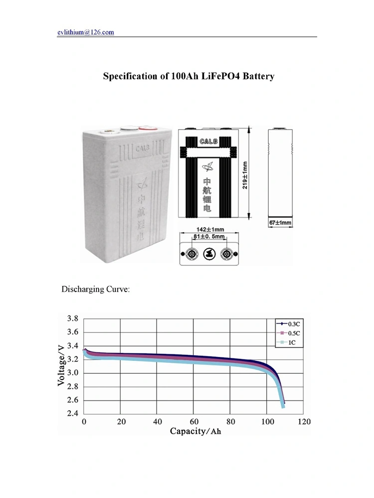 Calb Ca100fi Liion Prismatic LiFePO4 Cell 100ah 3.2V Battery