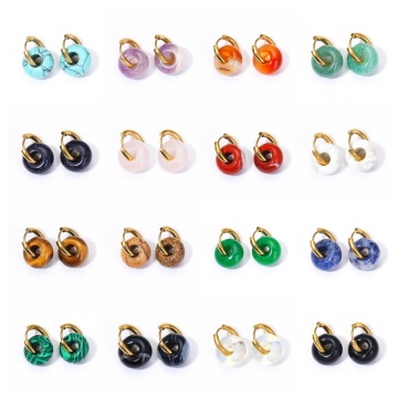 Gemstone 14MM Abacus Beads Earring Natural Stone 10MM Abacus Bead Stone Dangle Earring with Gold Color 18MM Stainless Steel Hoop