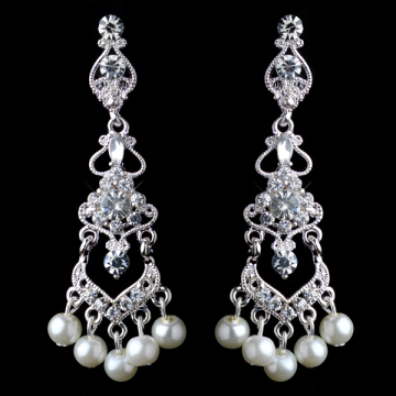 Silver Diamond White Pearl & Rhinestone Chandelier Earrings