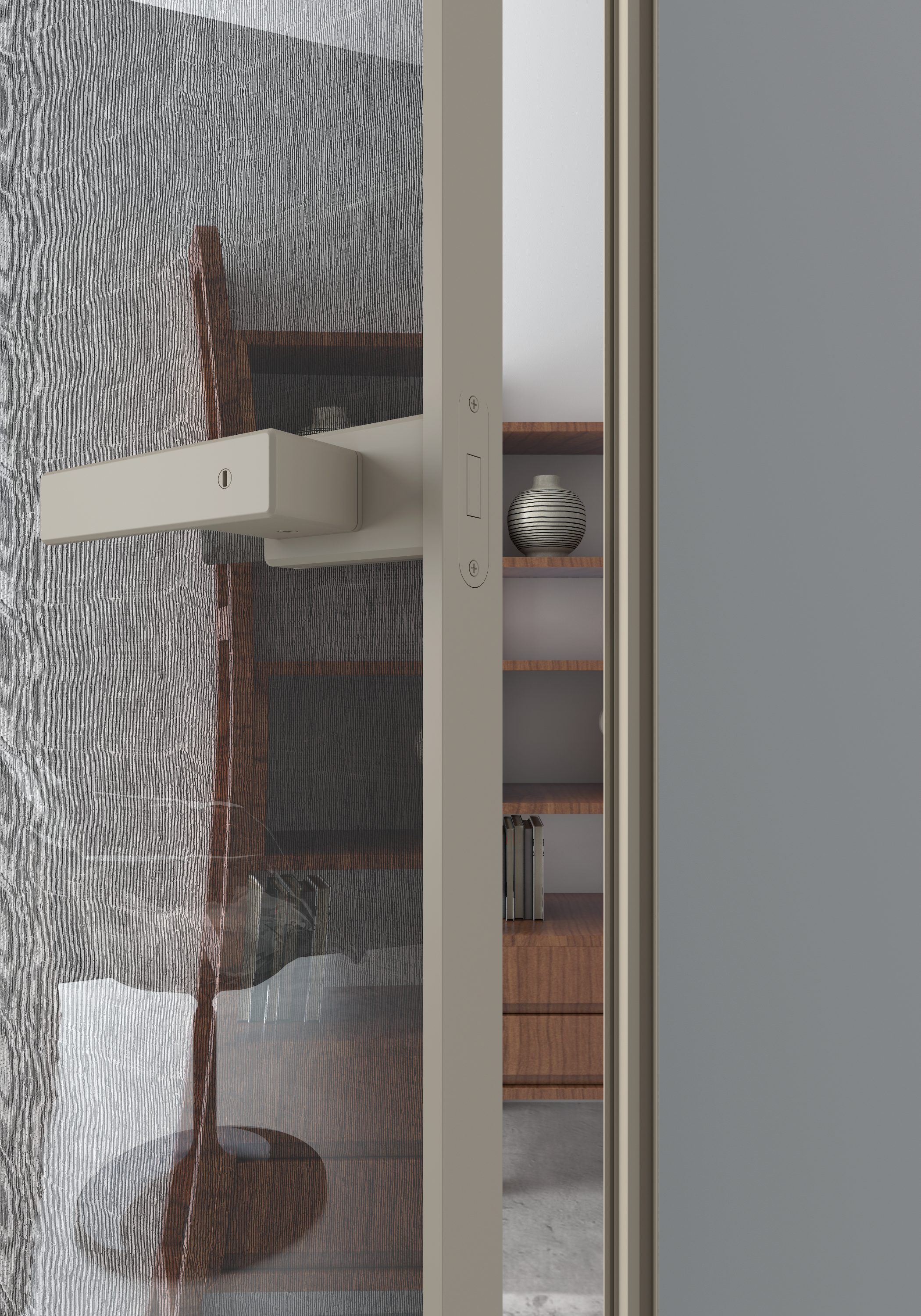 Detalhe da maçaneta e moldura da porta giratória de vidro Equinox