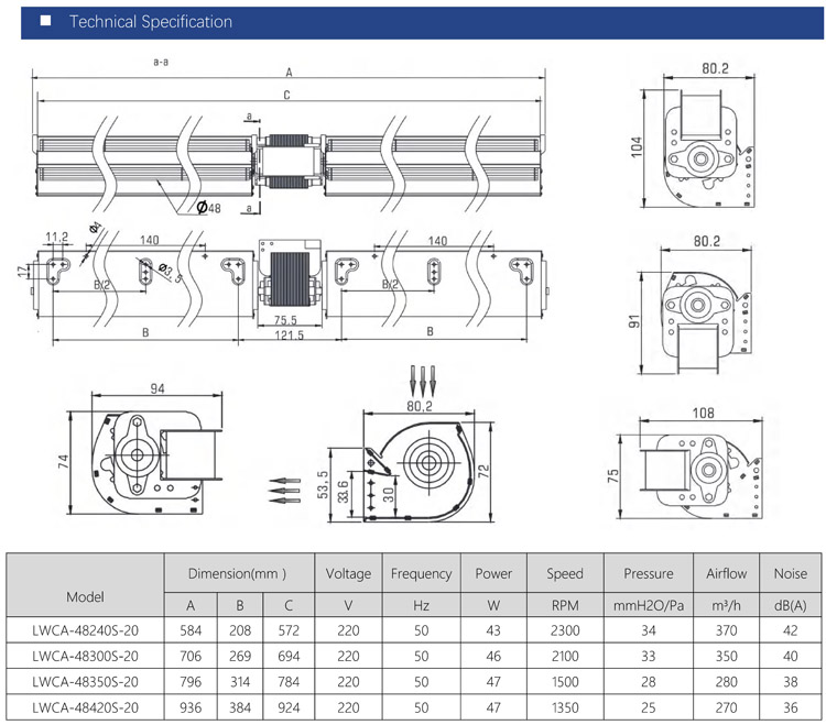 48mm Double Blower 220v 115V electric fireplace heater fan tangential fan blower air curtain cross flow fan