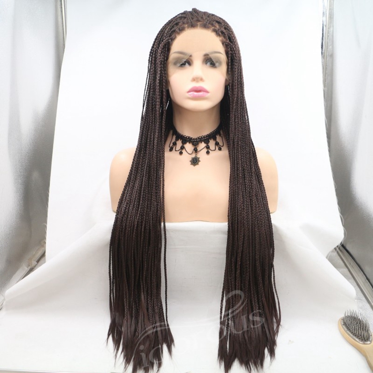 Long straight black cheap wholesale high guality heat resistant synthetic braided wig with lace front
