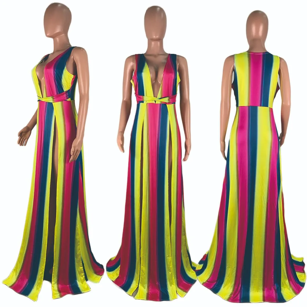 L51696 New Style Summer Casual V Neck Sleeveless Split Rainbow Print Striped Sexy Maxi Dress