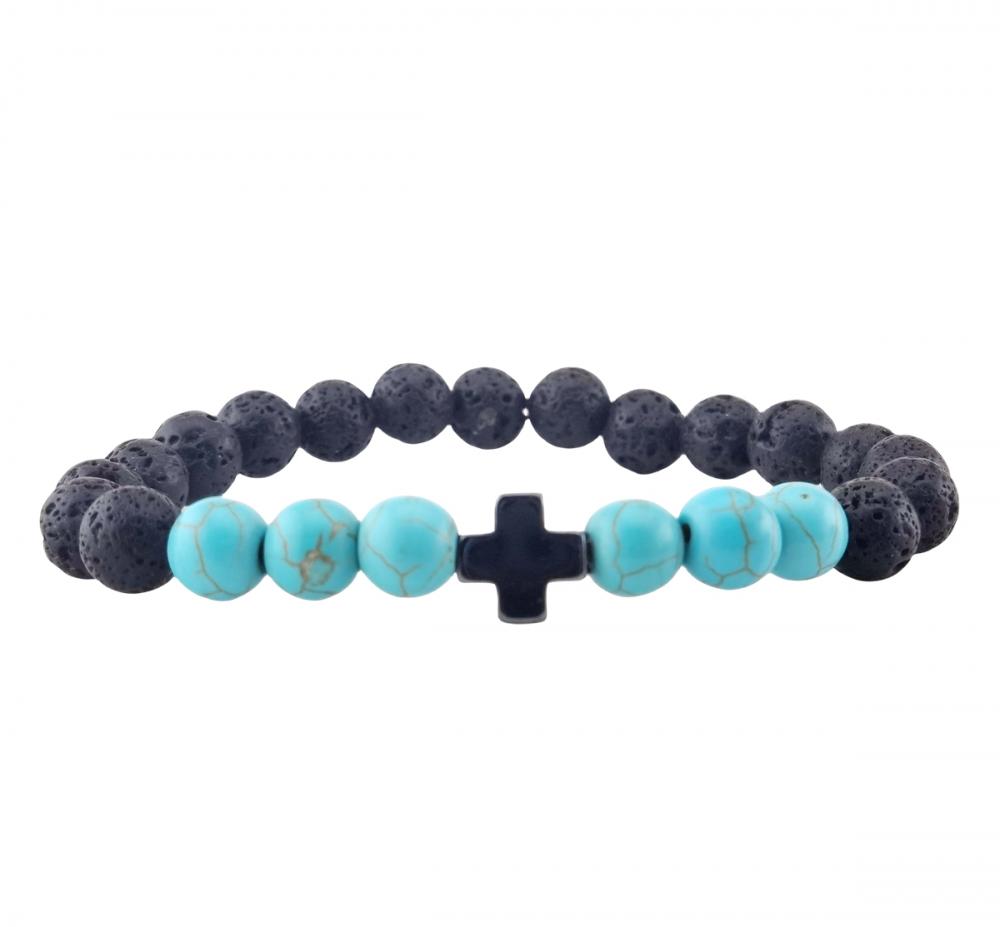 Gemstone 8 mm Black Lava Stone avec hématite croix Stretch Bracelet Naturel Stone Rounds Perles Bracelet à charme fait à la main pour les femmes