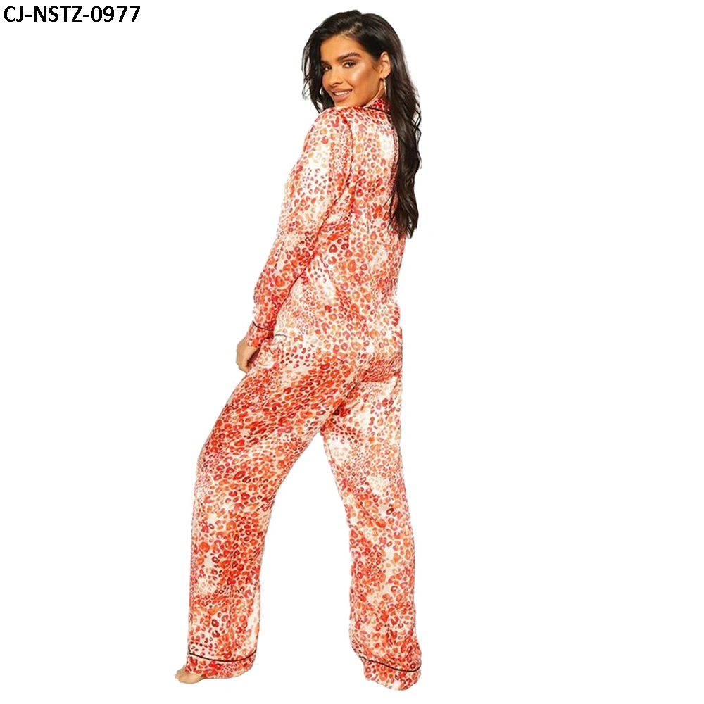 Factory Two Piece Sets Women Nightgrown Clothing Satin Leopard Pajama Set