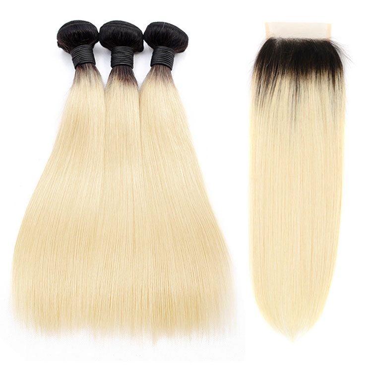 Lsy Wholesale Hair Weave  Pre Colored  613 Blonde Dark Black Root Human Hair Peruvian Straight Wave With Closure